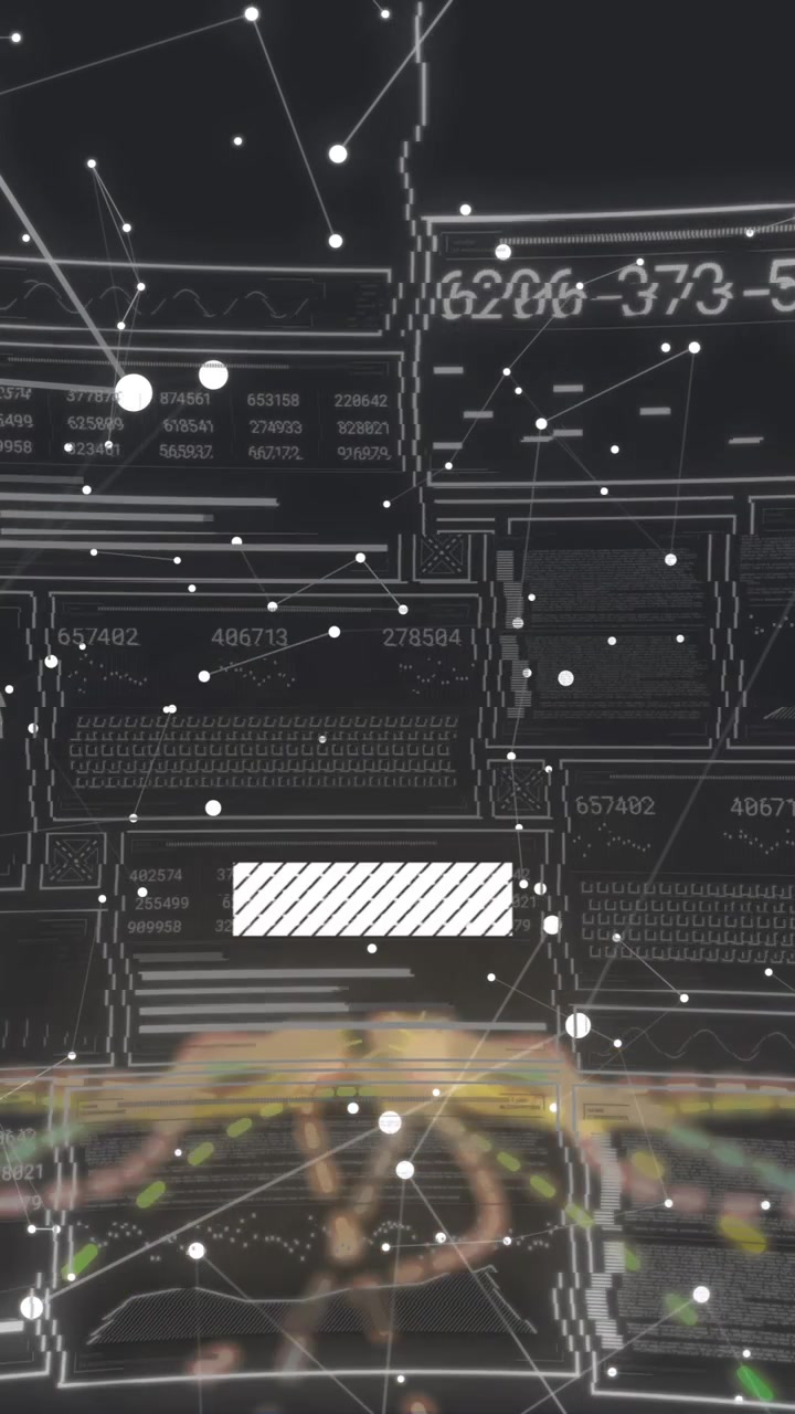 Animazione di interfaccia digitale con grafici di dati su sfondo di rete