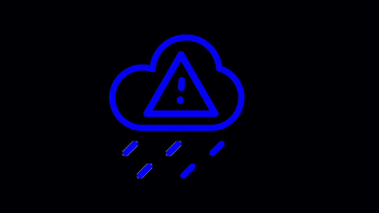 Blue Neon Cloud Icon with Warning Symbol and Rain Animation