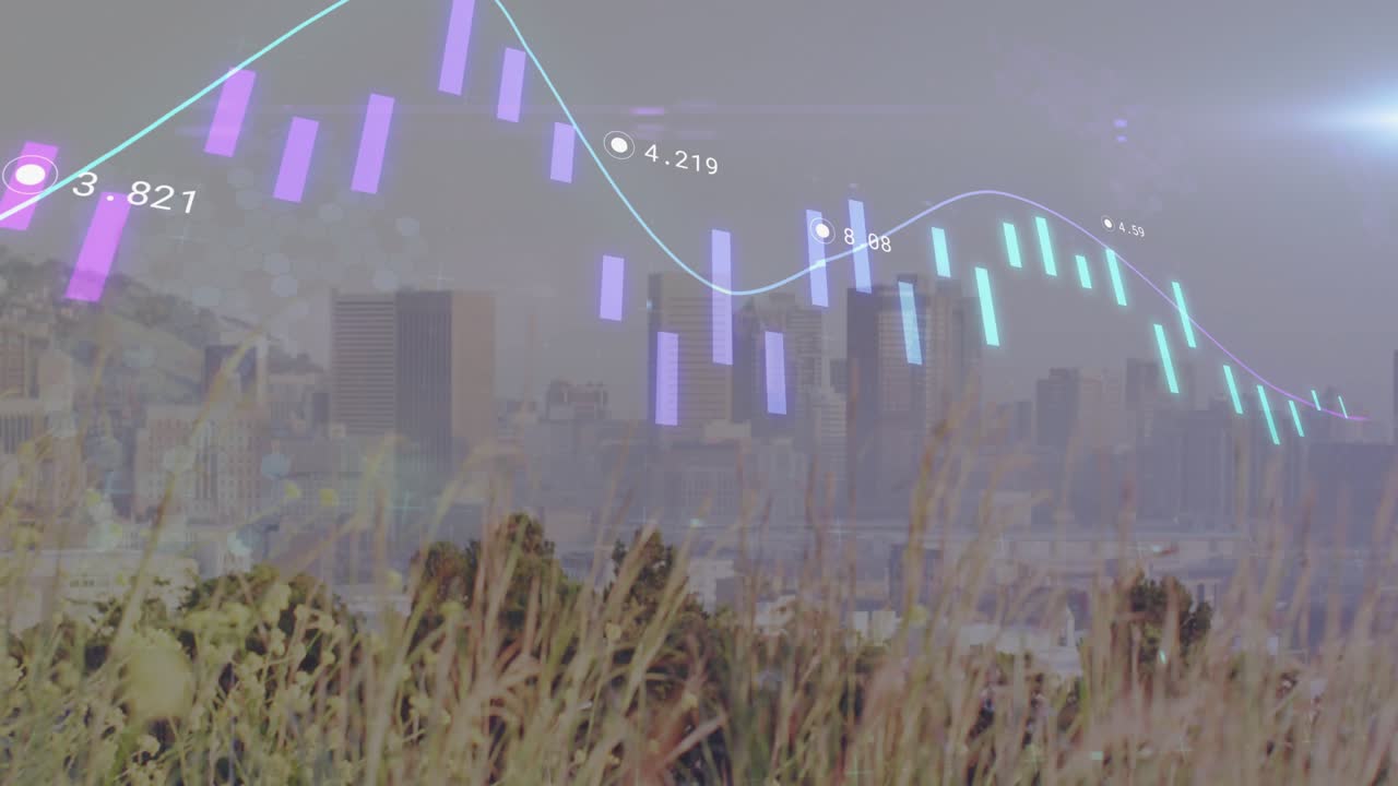 Overlaid financial chart animating on data pulse bars sliding, color-shifting showing market change