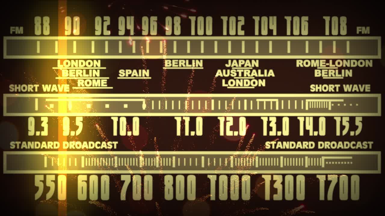 축제 레트로 배경 불꽃놀이는 오래된 라디오에 반사