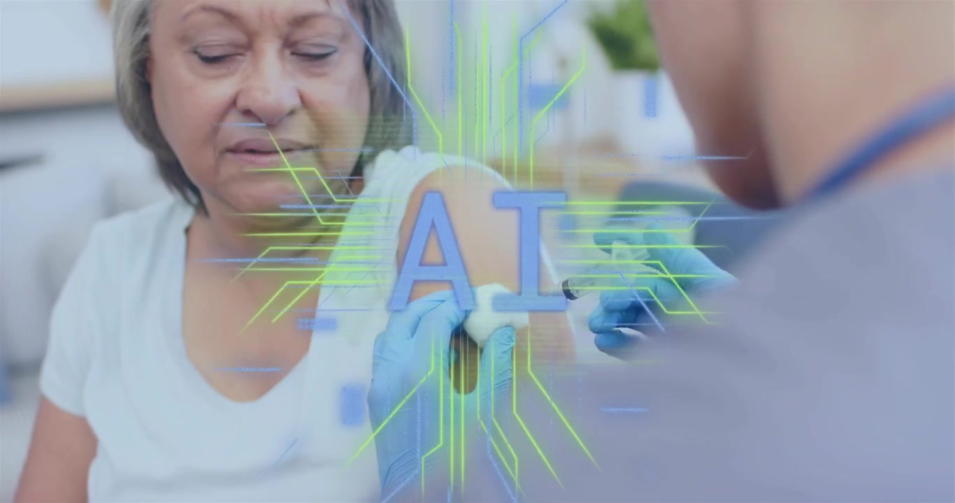 Donna anziana che entra in clinica per il vaccino, infermiera che inietta mentre un codice AI si sovrappone evidenziando il sito.