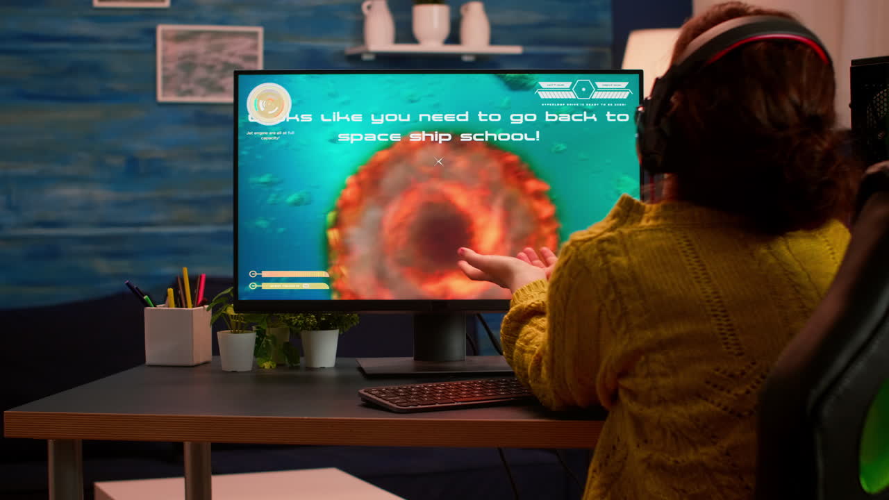 Sad pro gamer woman nervous to get started space shooter videogame