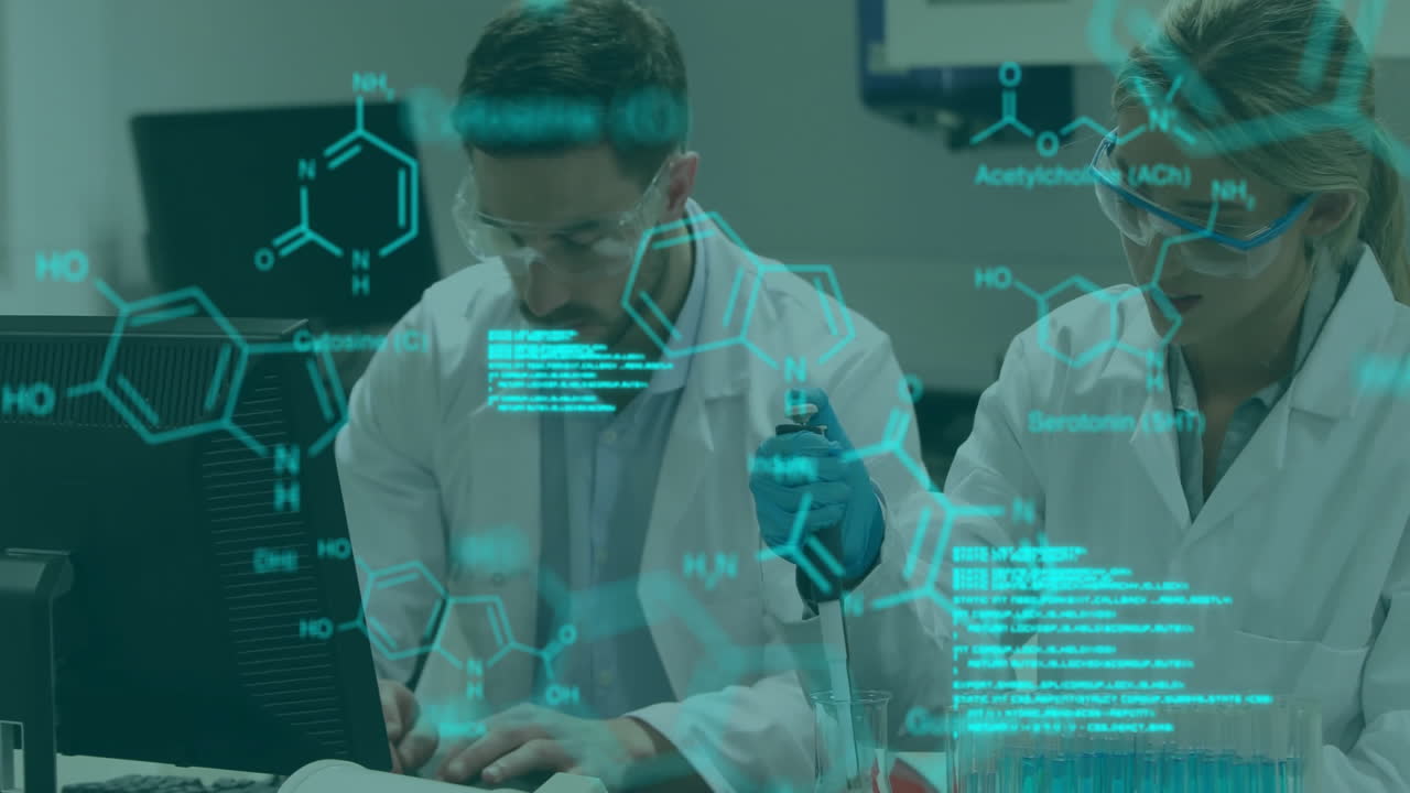 animación de procesamiento de datos y fórmula química sobre diversos científicos que trabajan en el laboratorio