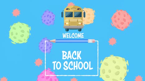 back to school and school bus with coronavirus cells.