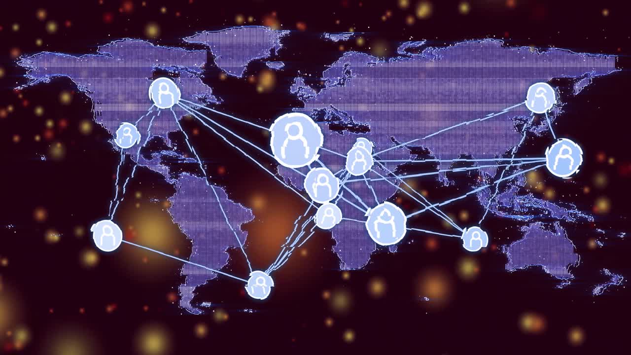 Fading purple map starting user icons appearing globally and linking with blue lines for data flow