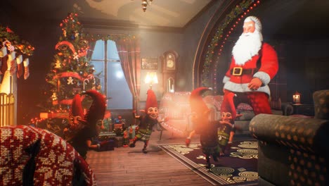 santa claus and his elf friends dance merrily on christmas day. the concept of christmas atmosphere concept. the looped animation is perfect for christmas and new year's eve backgrounds.