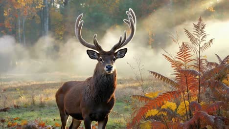 majestic stag with antlers in autumn forest mist