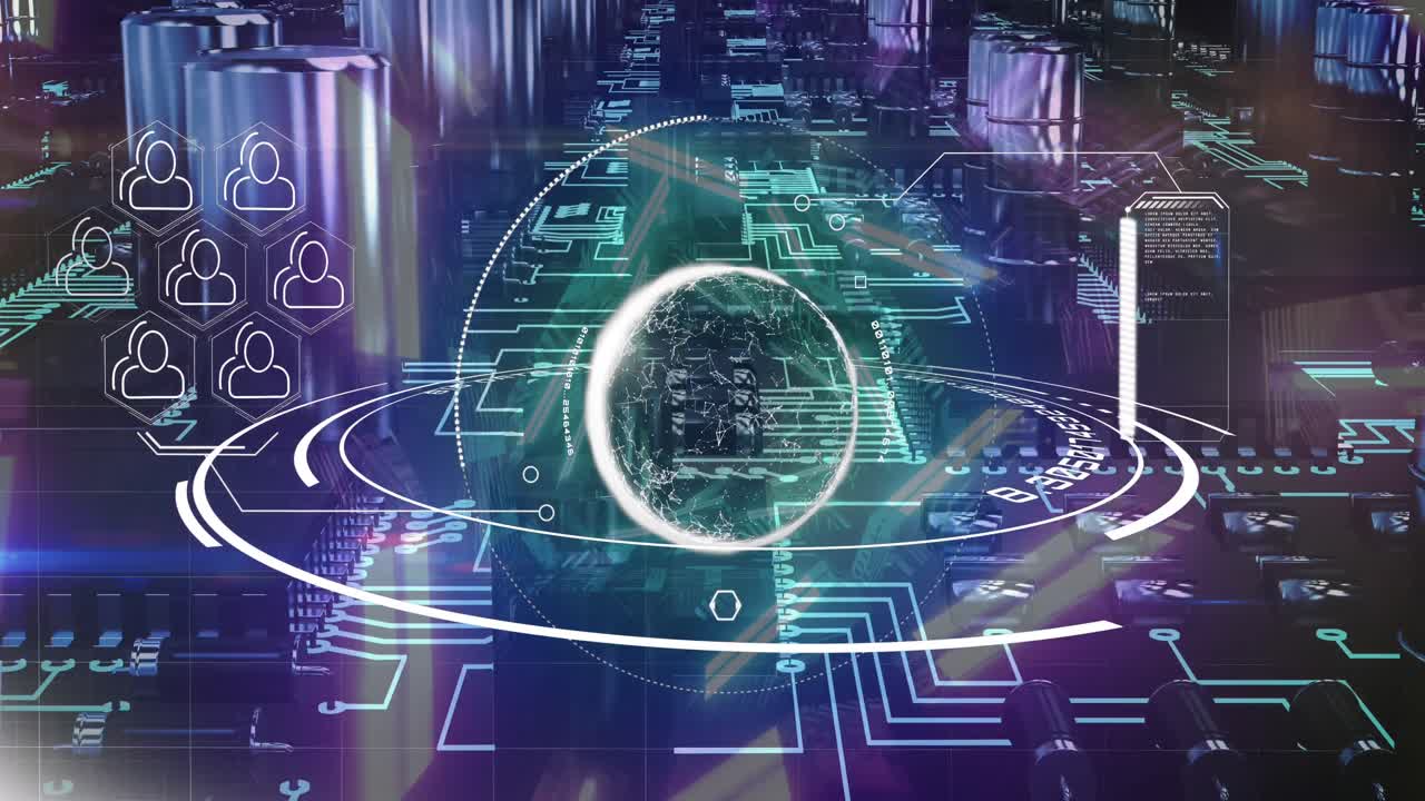 Globe spinning over microprocessor connections against glowing tunnel