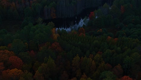 Atemberaubende-Luftdrohnenvideoaufnahmen-Von-Farbenfrohen-Herbstkronen-Und-Waldteichen-Bei-Nacht