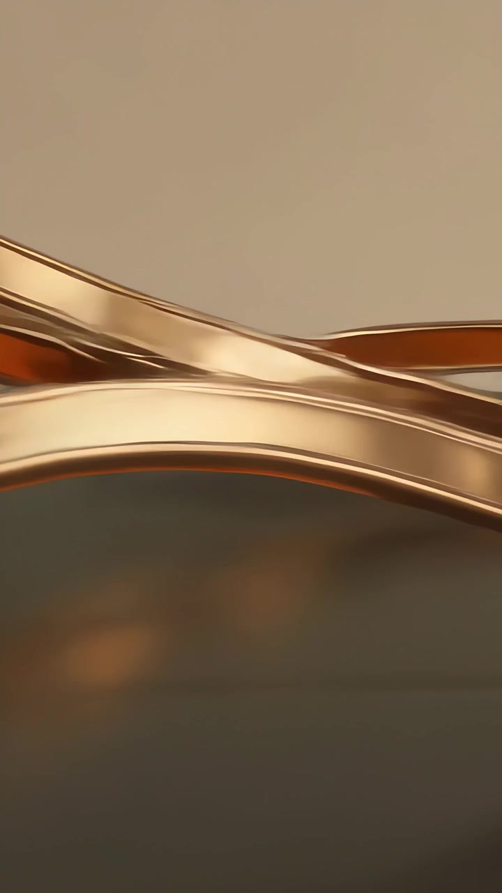 Video verticale: Nastri dorati in loop che si spostano e si incrociano su una superficie scura e lucida, mettendo in mostra la finitura