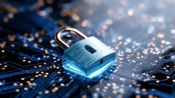 A Detailed Close-Up of a Blue Padlock on a Circuit Board, Symbolizing Digital Security and Data Protection in a Modern Technological Environment