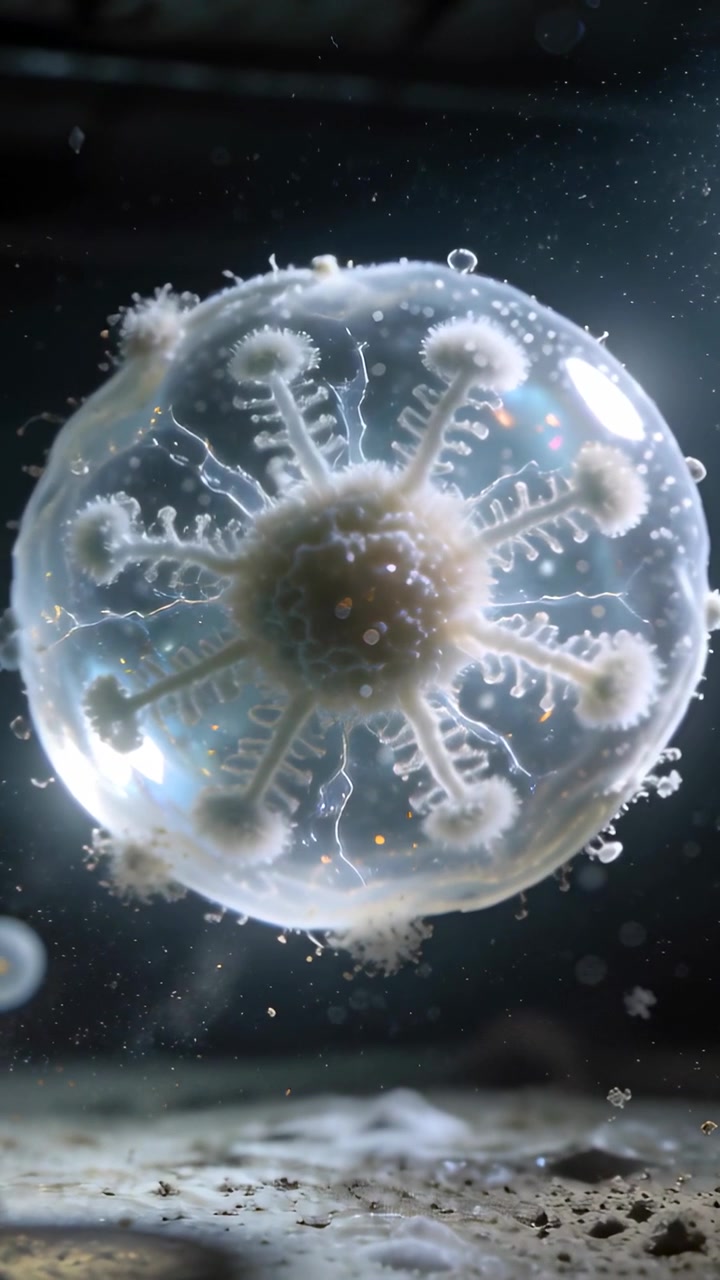 Video verticale: Gelatina trasparente che ruota e galleggia per spinta in un serbatoio, mostrando una bolla superiore e particelle.