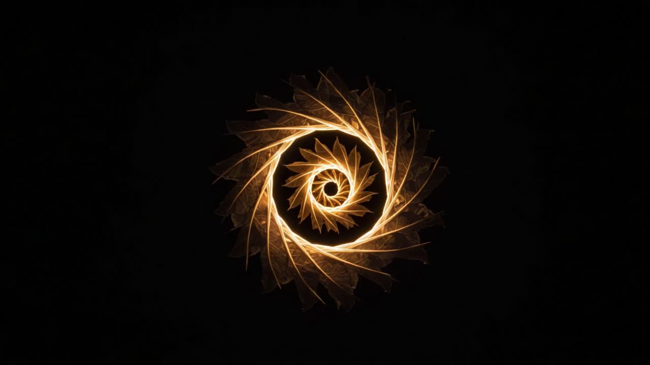 A Mesmerizing Spiral of Golden Light: Exploring the Intricate Patterns and Shapes within a Stunning Abstract Design Against a Dark Background