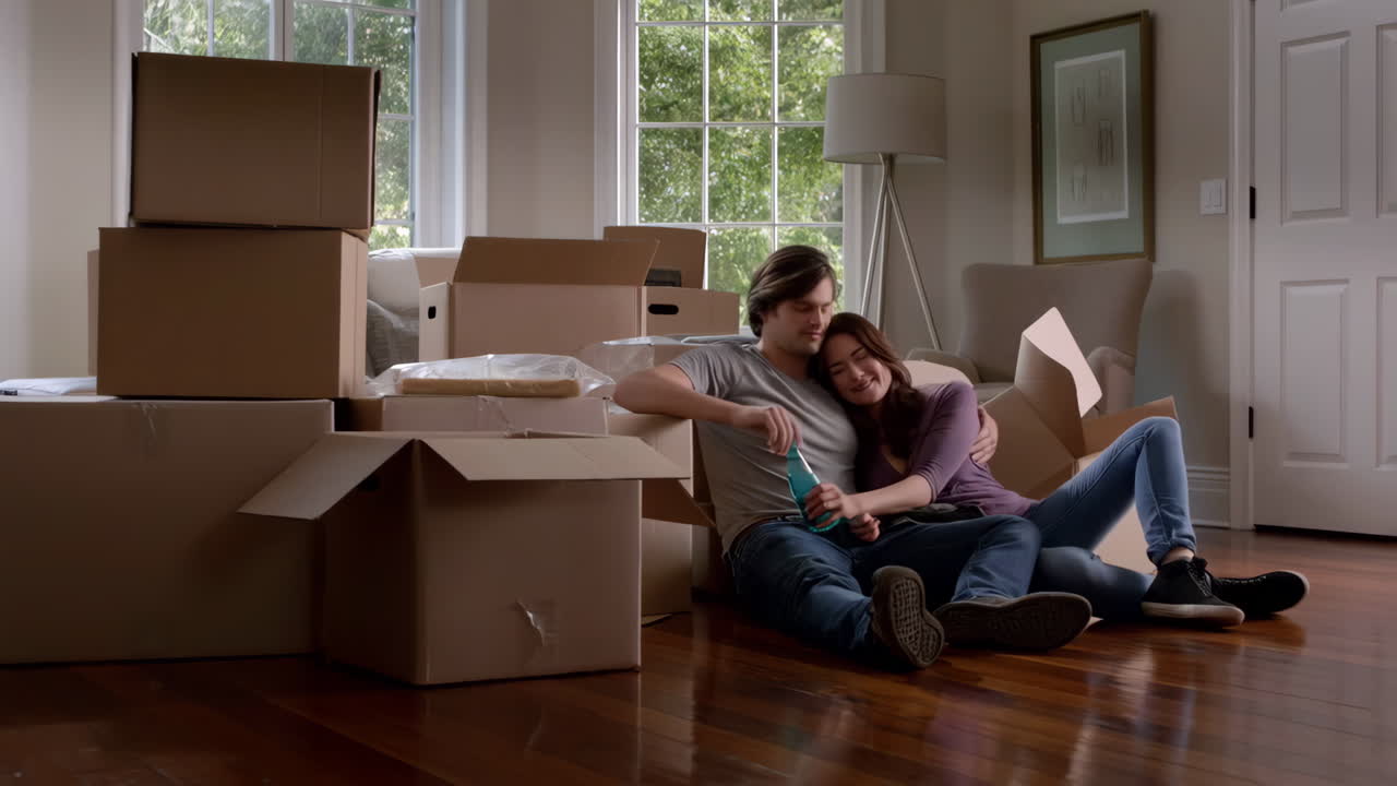 A couple relaxes on the floor of their new home, surrounded by moving boxes