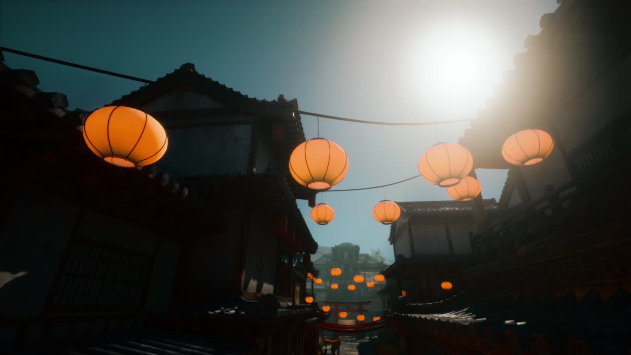 una vista de una calle tradicional japonesa iluminada por linternas