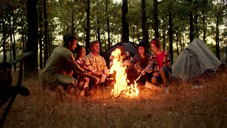 Happy-group-hikers-in-plaid-hiking-clothes-sit-in-a-circle-around-a-fire-and-roast-marshmallows-on-wooden-sticks-in-a-green-yellow-autumn-forest