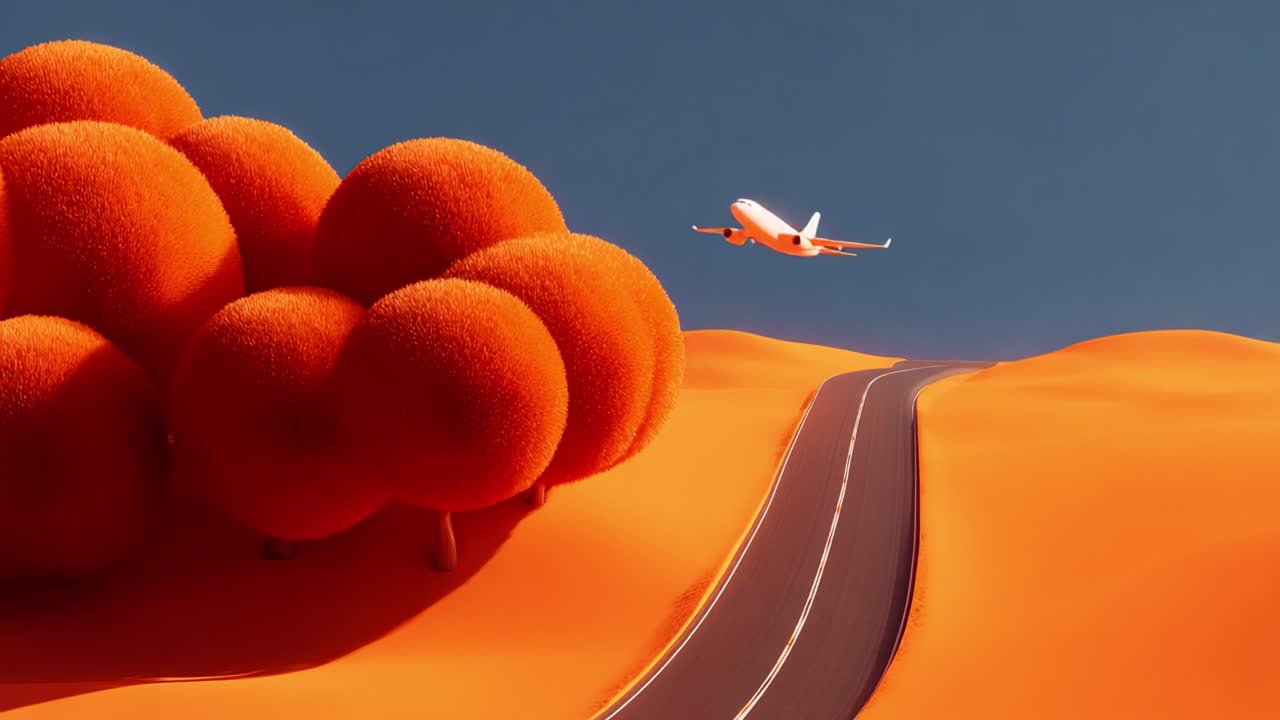 A Stunning Surreal Landscape Featuring Vibrant Orange Trees and a Flying Airplane Over a Winding Road in a Dreamlike Setting of Abstract Forms and Bold Colors