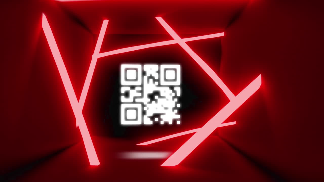 Digital animation of glowing qr code against glowing neon red tunnel on black background