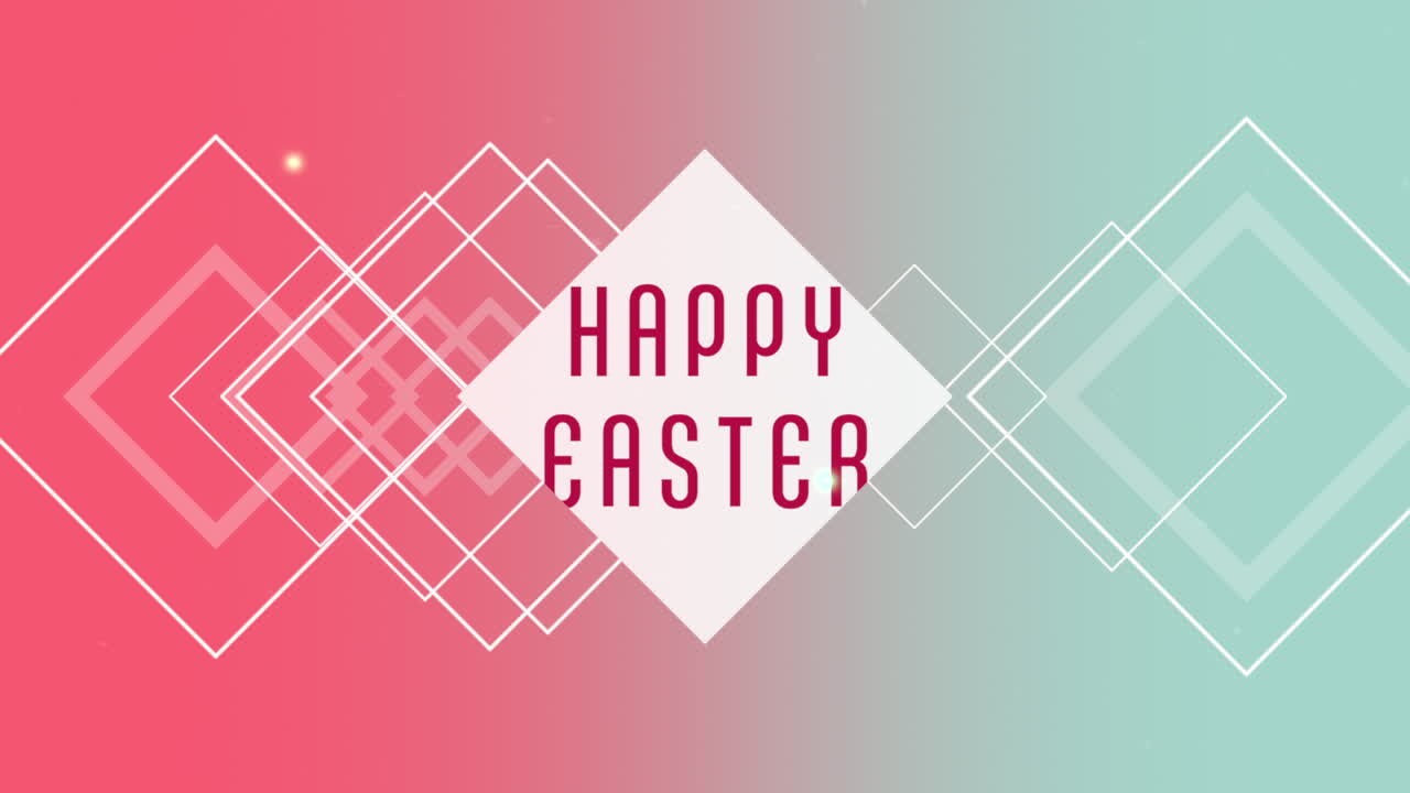 Vibrant geometric easter design with colorful shapes on pink and blue background