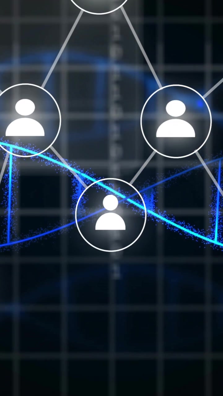 Animation of digital data processing with network of people icons over dna strand spinning