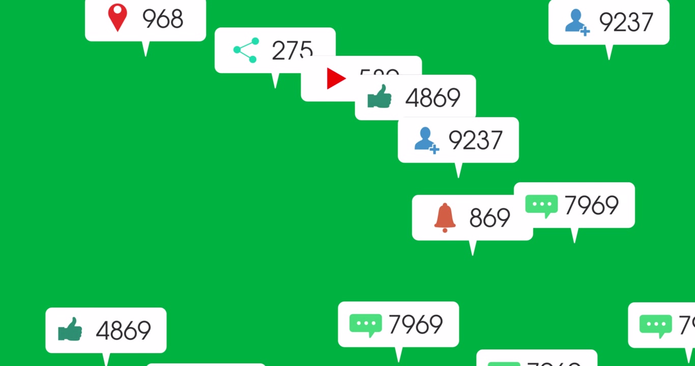Animazione di icone di social media con numeri su banner bianchi su sfondo nero