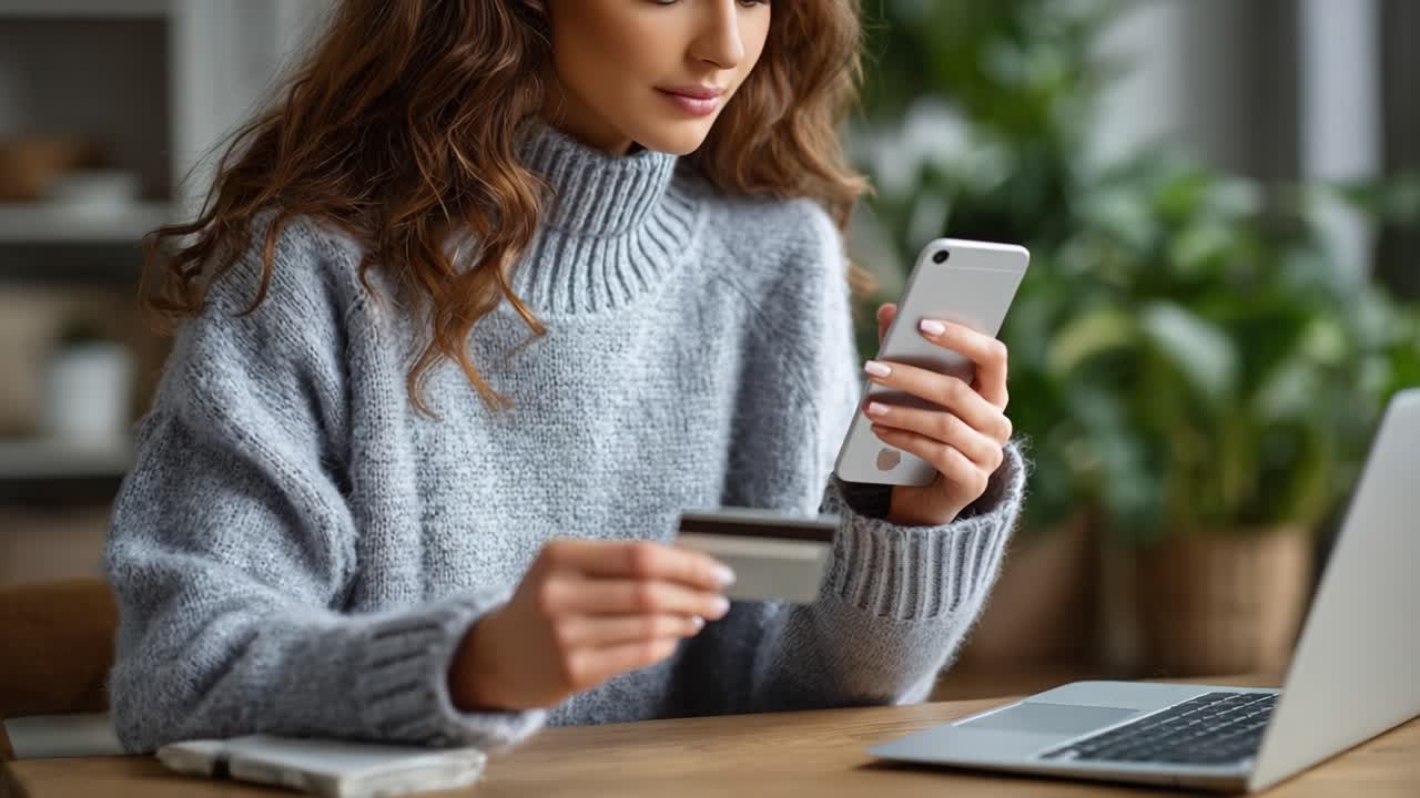 A Stylish Young Woman in a Cozy Sweater Engaging in Online Shopping with a Credit Card and Smartphone at a Bright Indoor Workspace