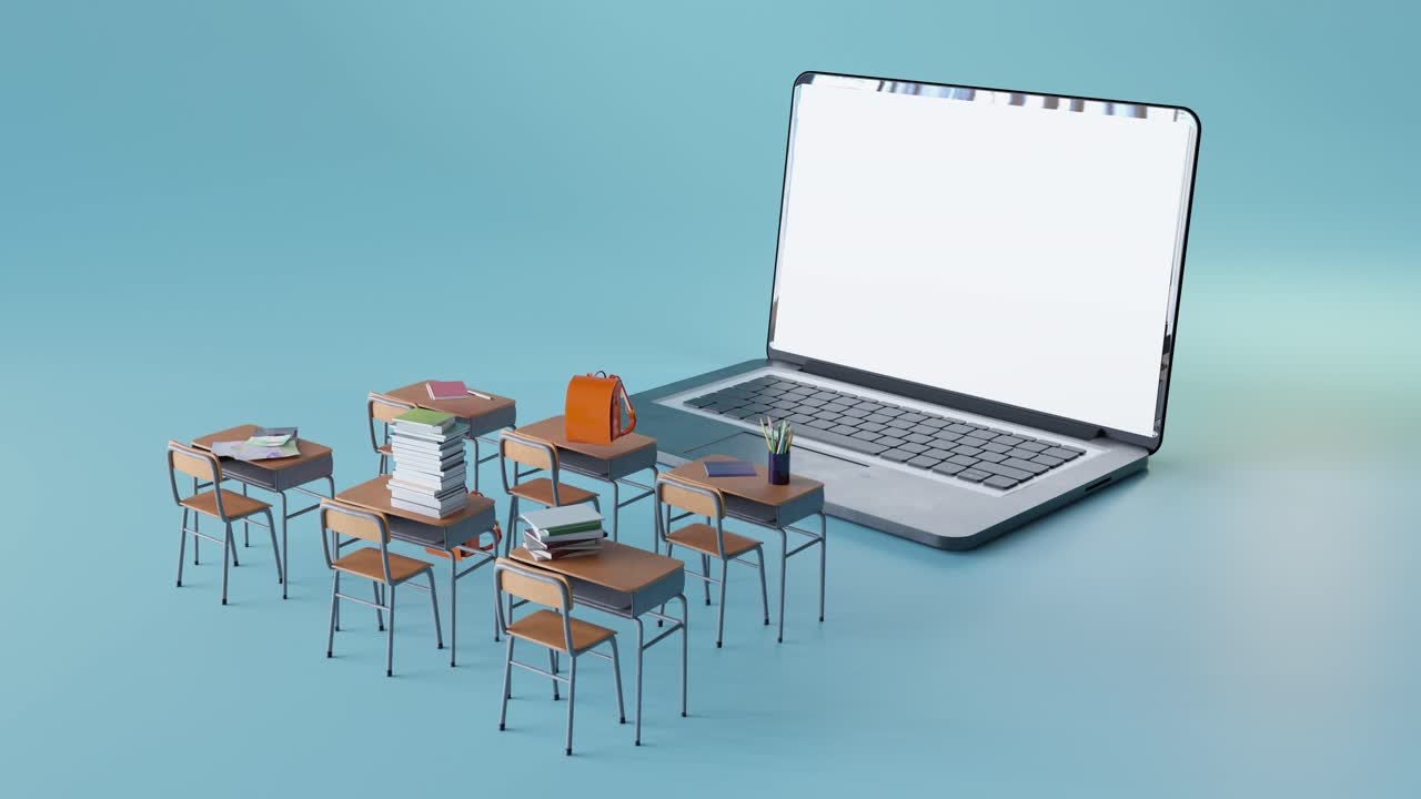 3d animation of open laptop with white screen near wooden chairs and notebooks placed on table
