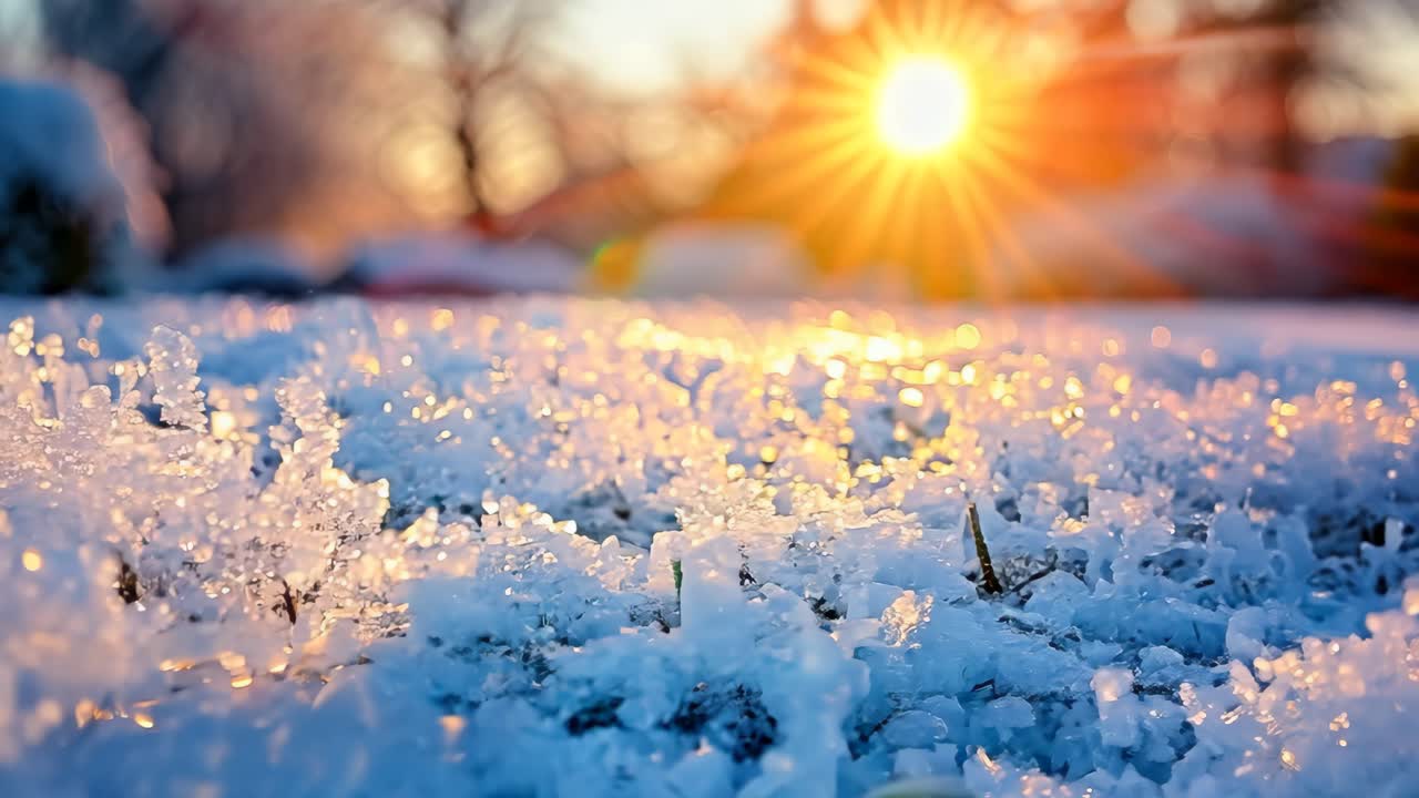 A field of snow covered grass with a bright sun shining on it. The sun is the main focus of the image, and it creates a warm and inviting atmosphere