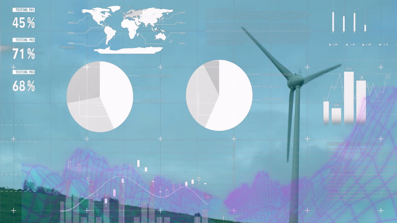 Animation of wind turbine with data visualization overlay and global map in school