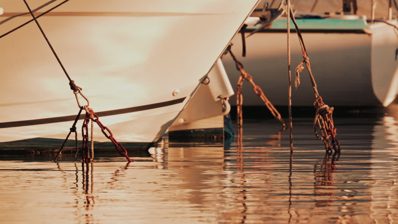 Cinematic shot of a boat propeller near a red hull, reflecting vibrant colors on the water surface