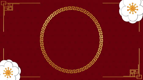 animación de flores y círculo sobre fondo rojo