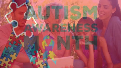 animación de rompecabezas y texto del mes de concienciación sobre el autismo en una familia diversa utilizando una tableta