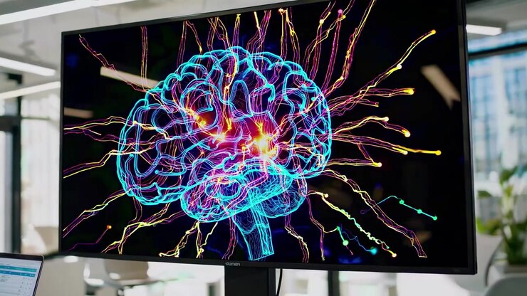 Diverse Team Discussing Artificial Intelligence Brain Model in Modern Office