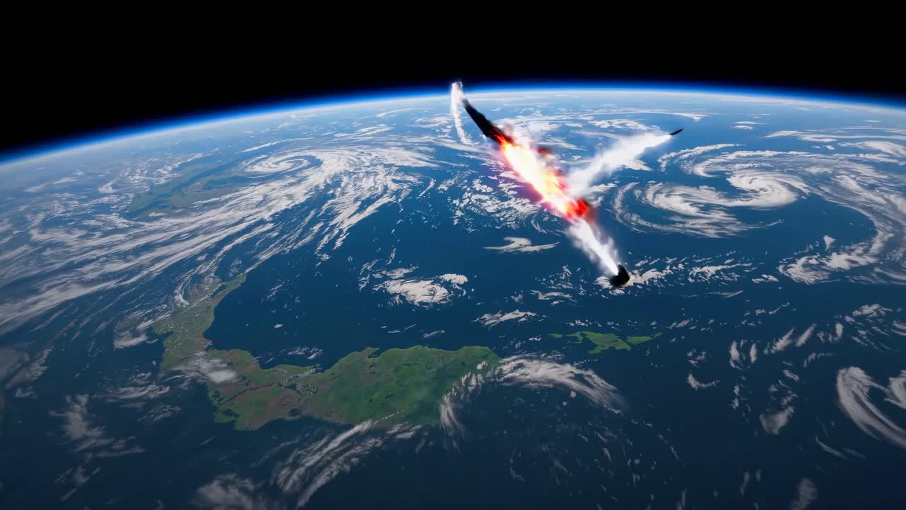 Aerial video shot of a rocket re-entering Earth's atmosphere, captured from space