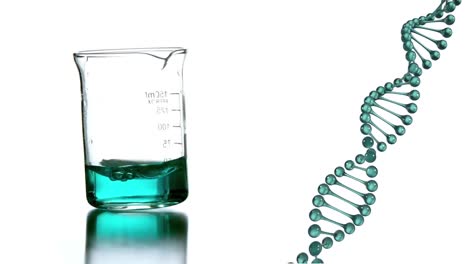 animation of dna strand spinning over chemical measuring cup