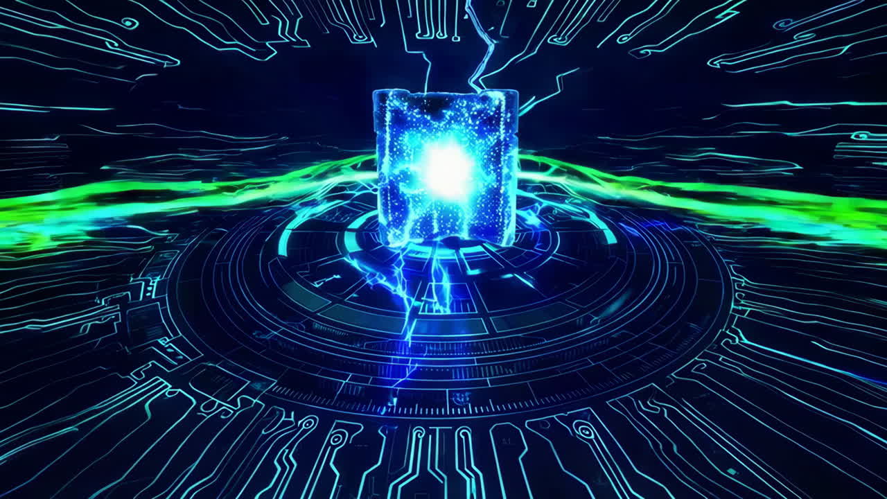 Glowing Energy Cube in a Futuristic Cyberpunk Setting