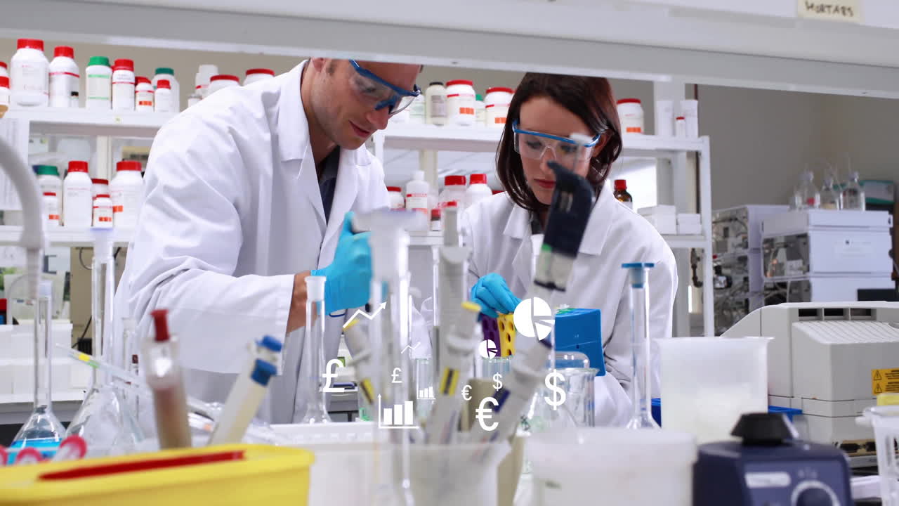male scientist using pipette in medical lab, female scientist assisting with motion test tube icons