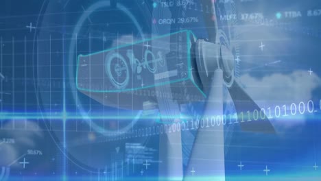 animación de codificación binaria y procesamiento de datos sobre la turbina eólica