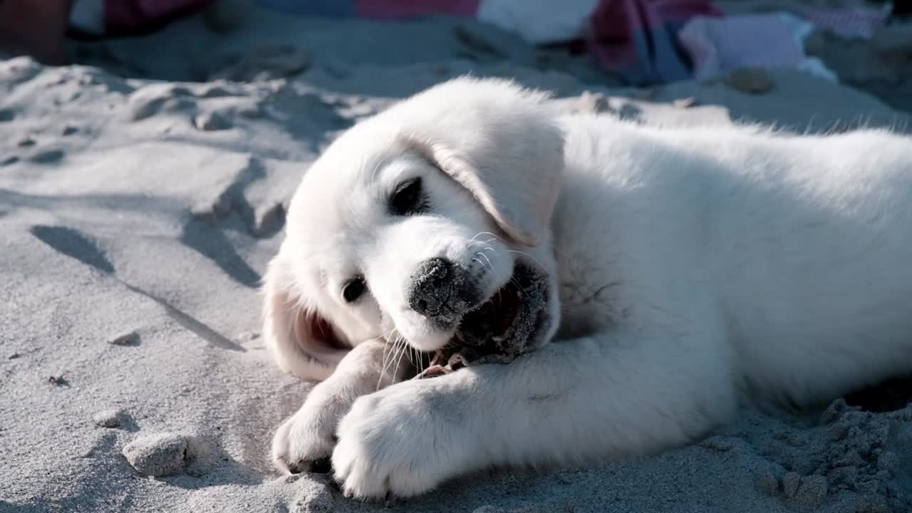 White labrador puppy chewing on some see weed on the beach