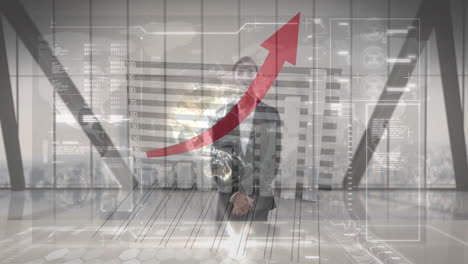 in office, businessperson with digital data interface and red upward arrow animation