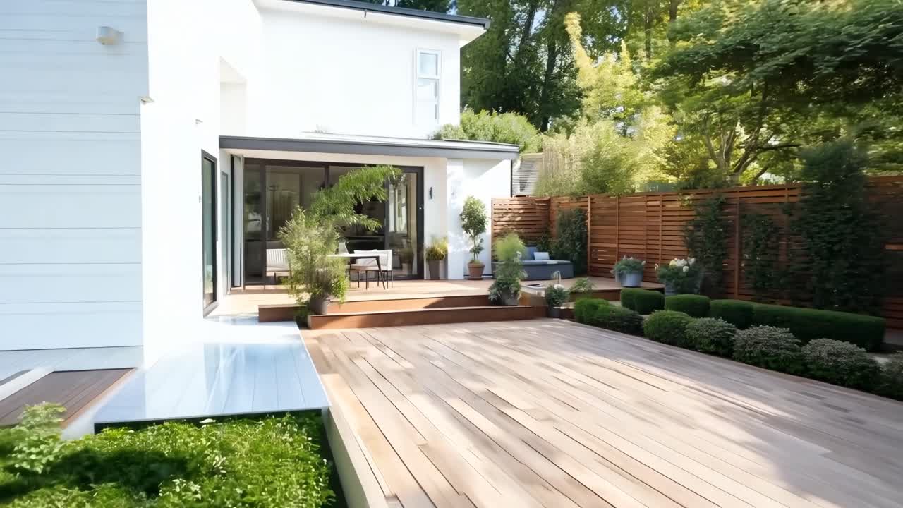 A modern patio with wooden decking, viewed from a low angle