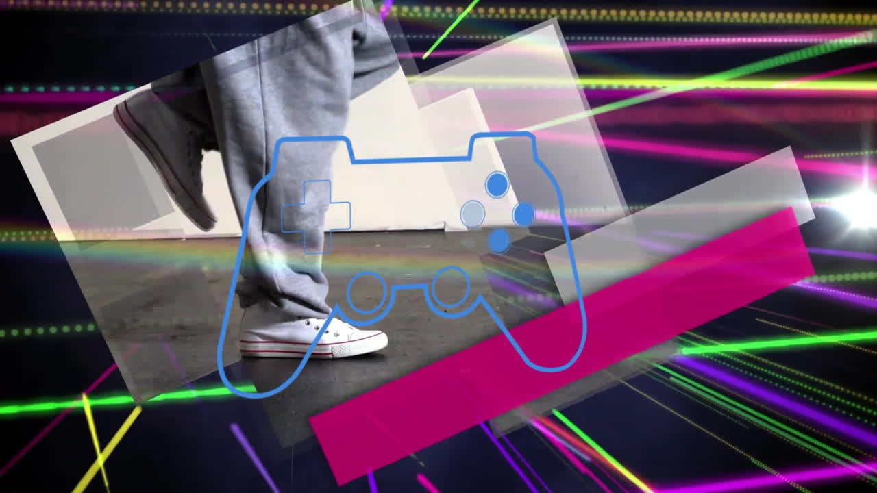 Dancing over colorful gaming controller animation, person wearing sneakers