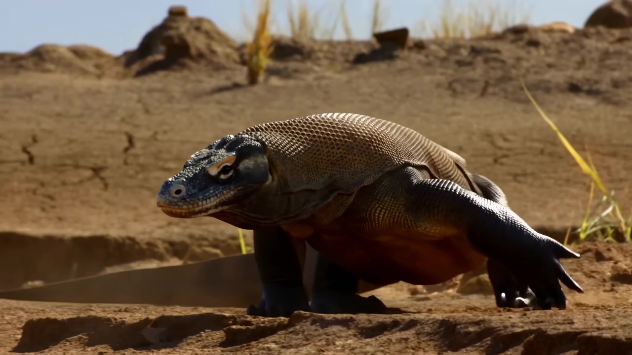 Komodowaran geht über rissige Erde, langsames, bedächtiges Kriechen, strukturierte Schuppen glänzen im grellen Sonnenlicht.