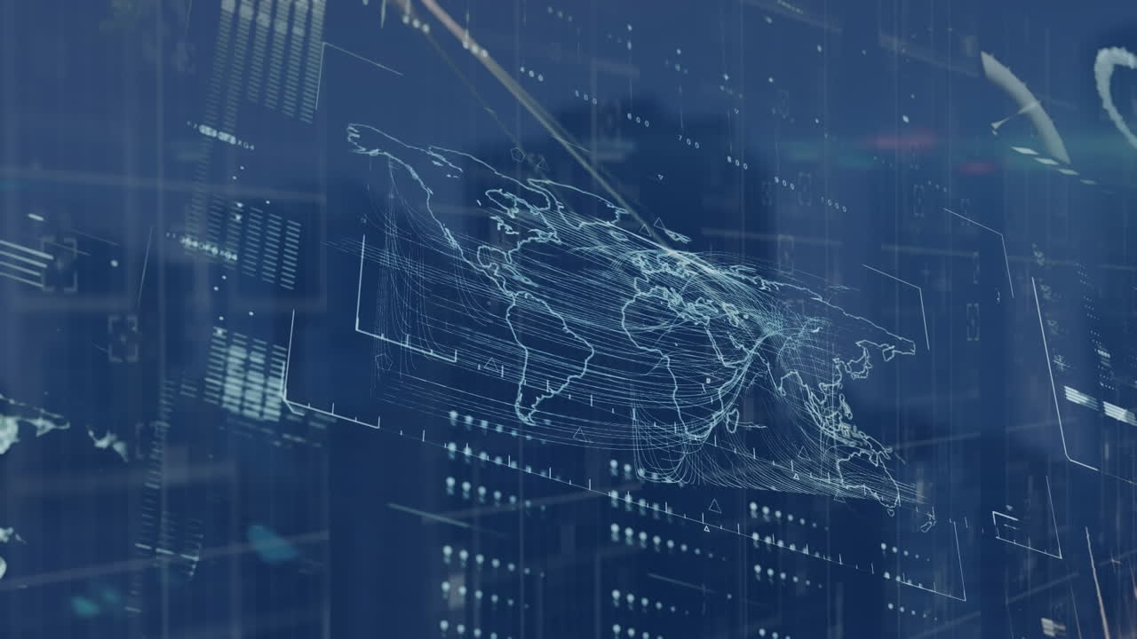 Animation of data processing and world map over cityscape
