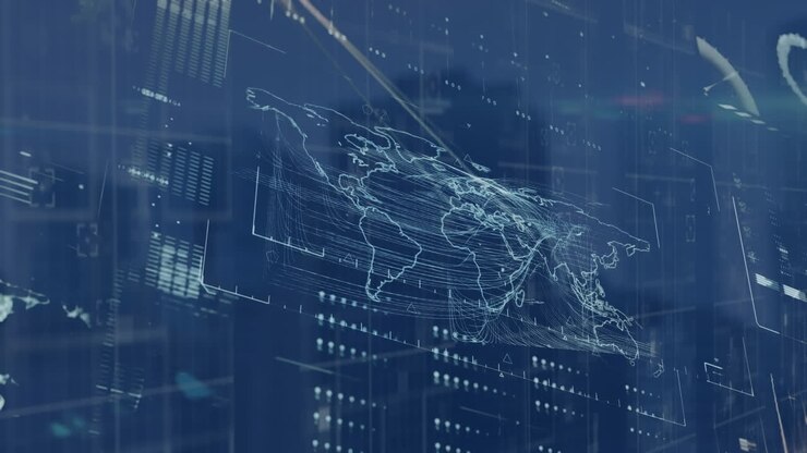 Animation of data processing and world map over cityscape