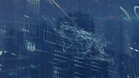 animation of data processing and world map over cityscape