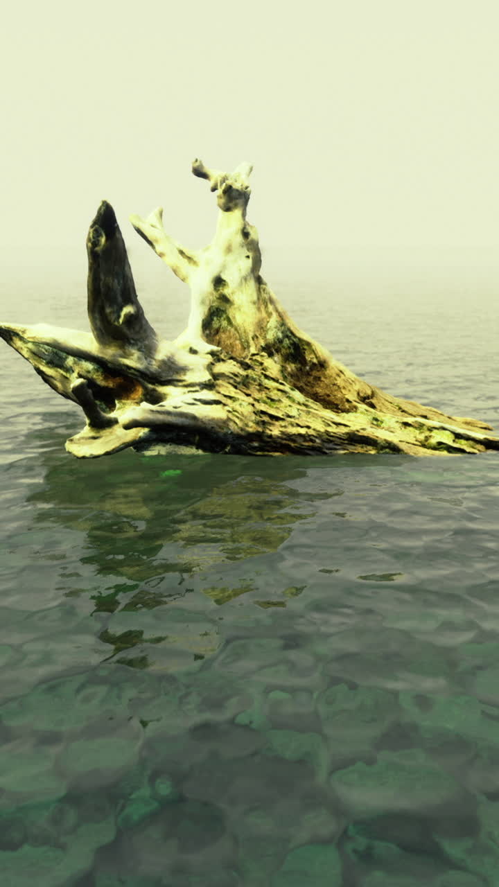 Isolated rocky formation rises from calm waters in misty environment