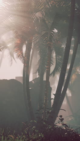 misty tropical palm trees