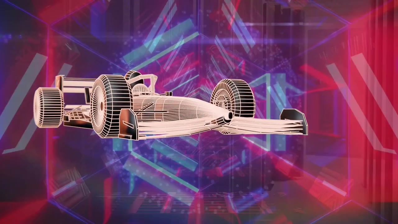 Camera push starting wireframe formula car moving forward rotating clockwise, showing rear wing