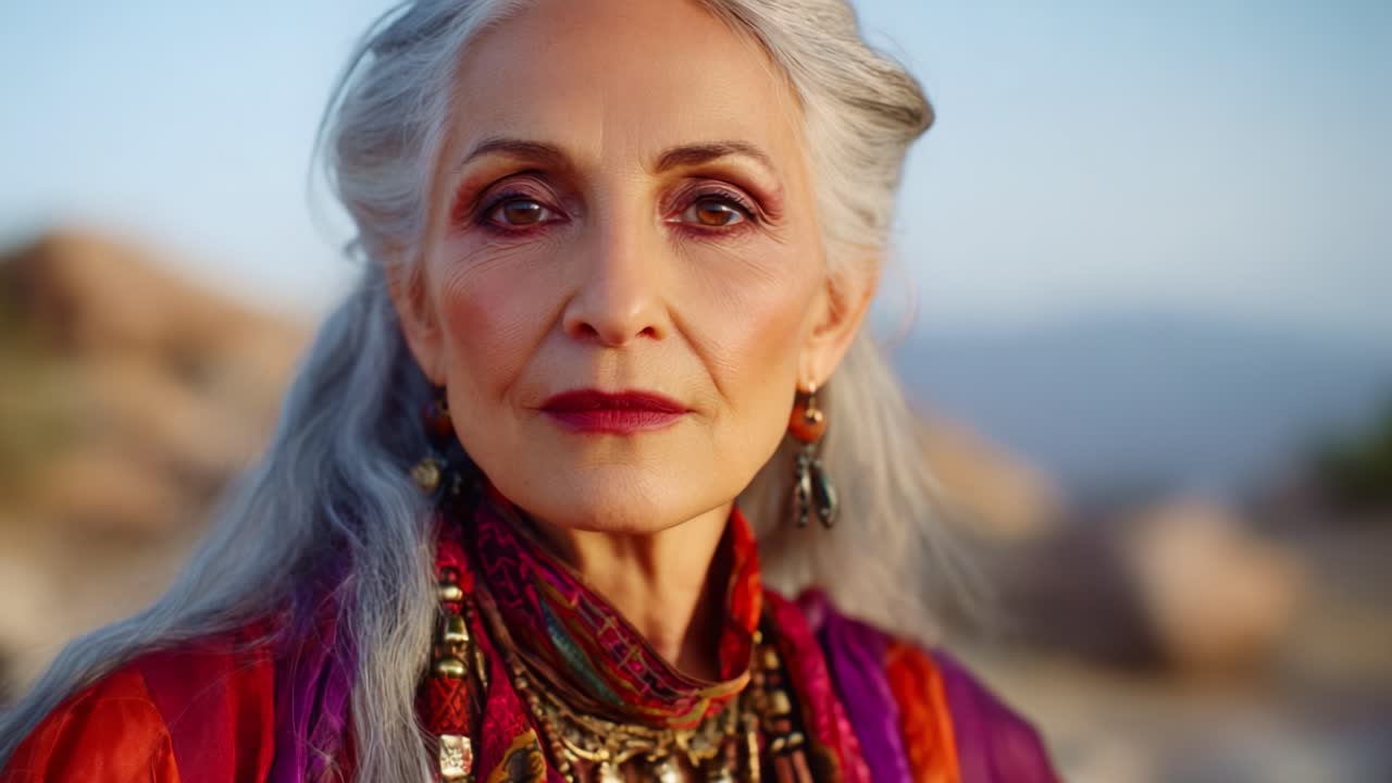 Un ritratto affascinante di un'elegante signora anziana con capelli argentei e abiti colorati su uno sfondo naturale, che emana saggezza e presenza aggraziata